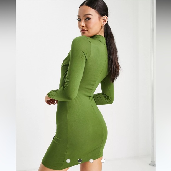 ASOS DESIGN exposed cup long sleeve mini dress in khaki - Picture 2 of 4